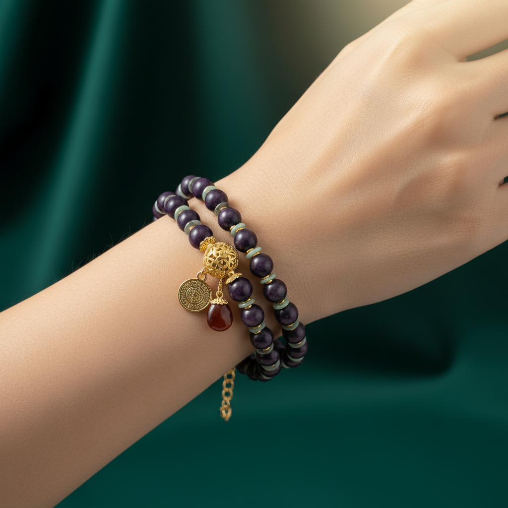 Fortune blessing purple bracelet worn on wrist lifestyle photo