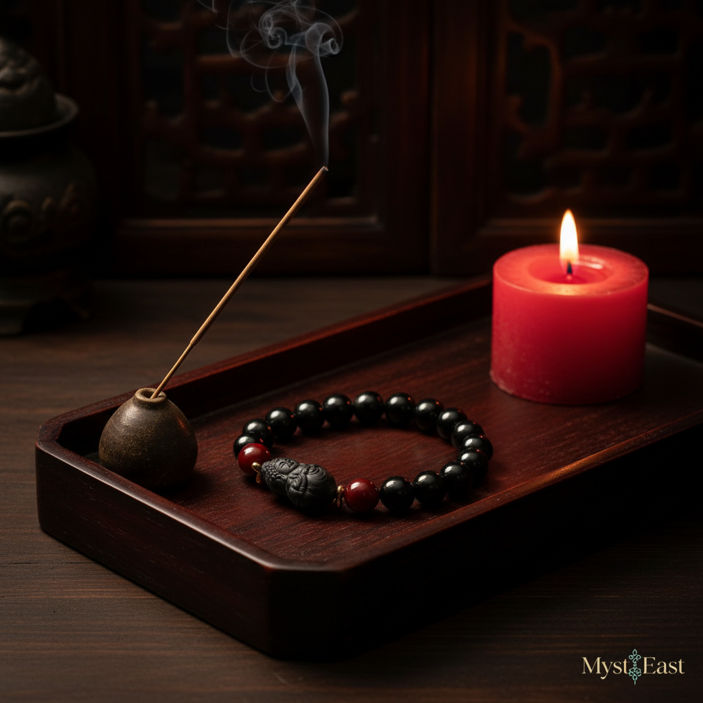 Midnight gourd fortune bracelet lifestyle with lacquer tray and incense