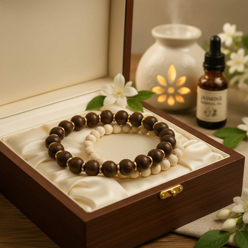 Jasmine incense bead bracelet gift box with cream silk lining