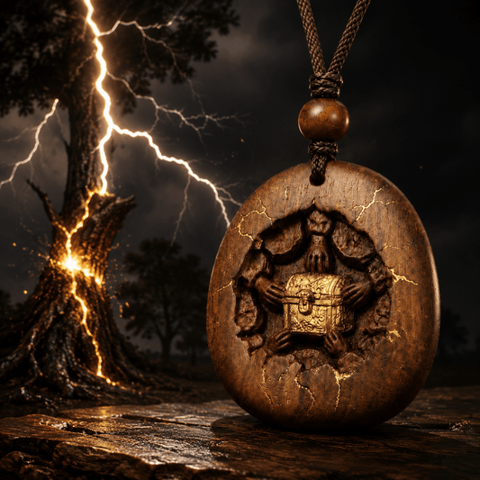 Hand-carved thunder-struck jujube wood pendant with gold inlay details on green velvet, representing the rare traditional Chinese craft material