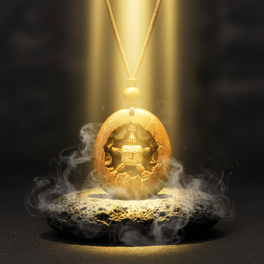 Glowing hand-carved wooden pendant with smoke rising on a stone base, representing the cultural themes of rhythm, rest, and balance in traditional Chinese philosophy
