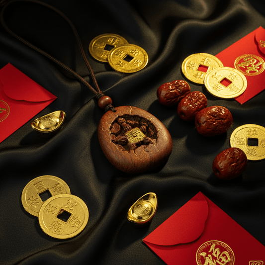Hand-carved thunder-wood pendant with gold coins and red envelopes on black silk, representing rare wood shaped by lightning strikes in Chinese culture