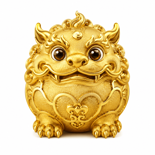 Golden Tun Jin Shou mythical creature figurine with expressive eyes and rounded body, representing a beloved character in Chinese cultural tradition