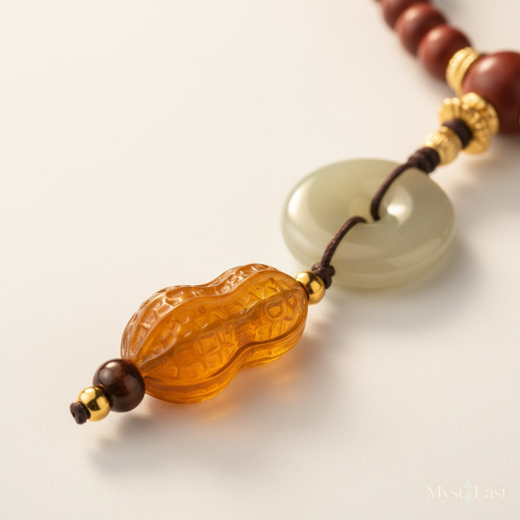 White jade peace circle and golden amber peanut gourd pendant close-up detail
