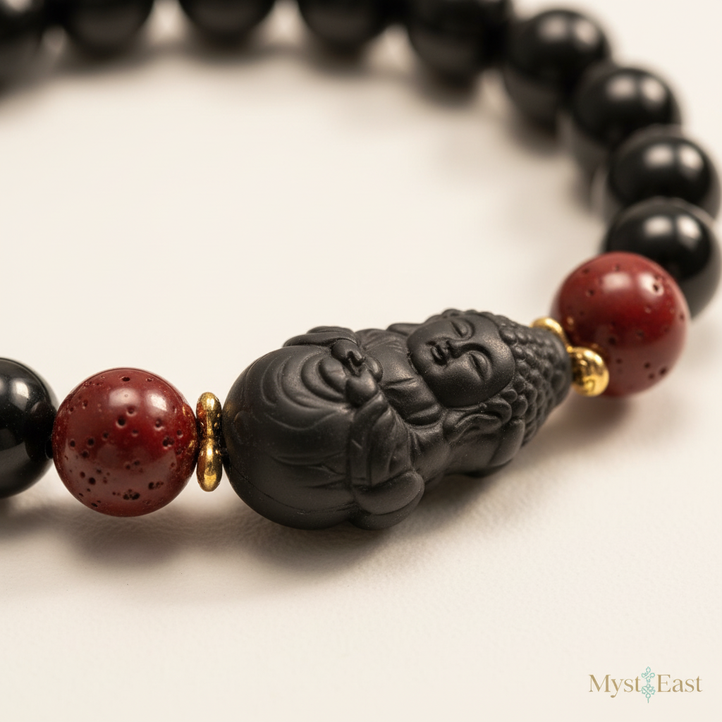 Midnight gourd fortune bracelet close-up black bead and Buddha pendant detail