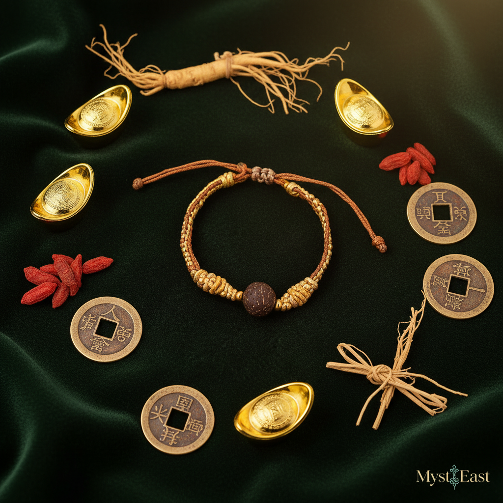 Auspicious cord bracelet flat lay with gold coins and herbs