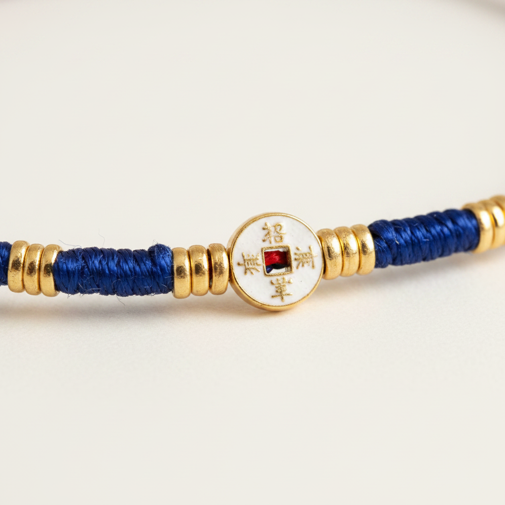 Fortune step anklet close-up blue red cord and coin charm detail