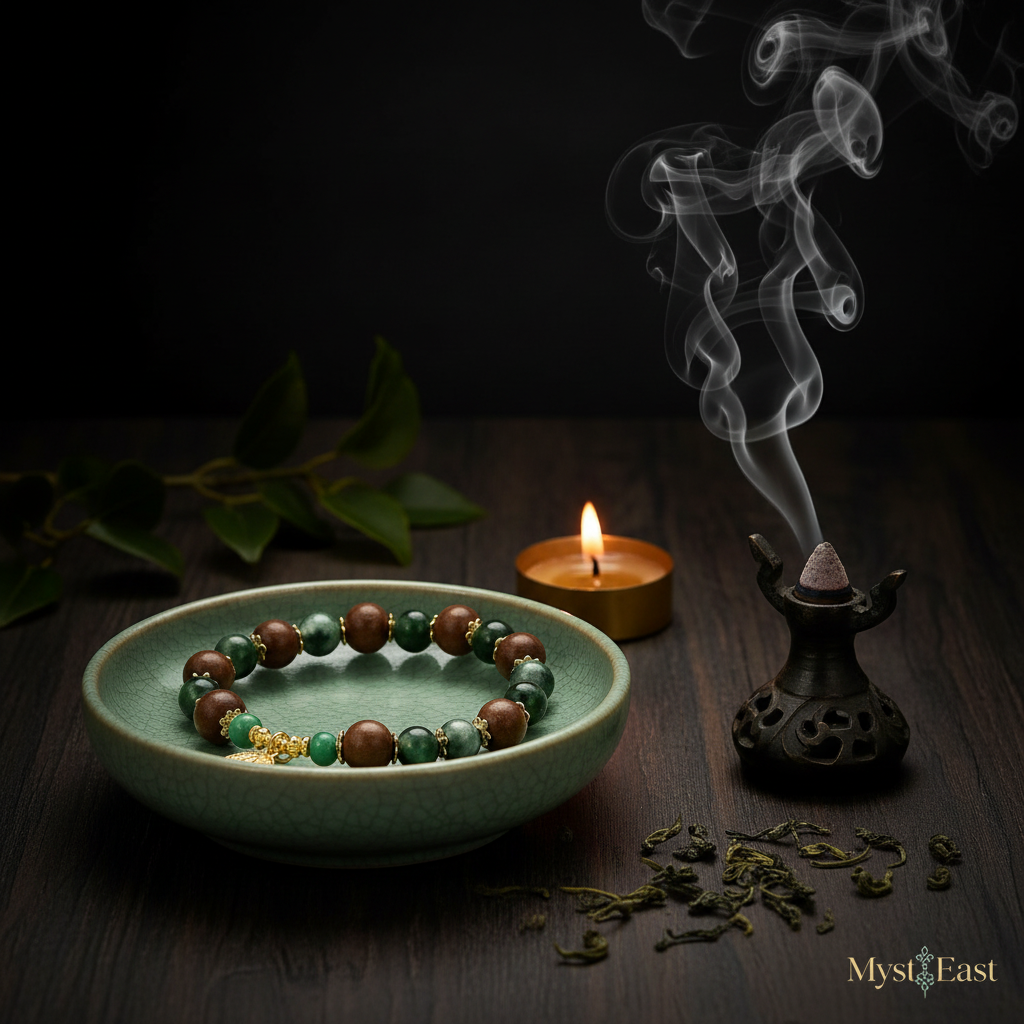 Emerald gold fortune bracelet lifestyle with celadon dish and incense