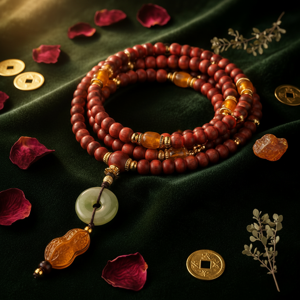 Golden peanut incense bead bracelet dark green silk flat lay with gold coins