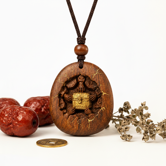 Hand-carved thunder-struck jujube wood pendant with five-hand heritage design