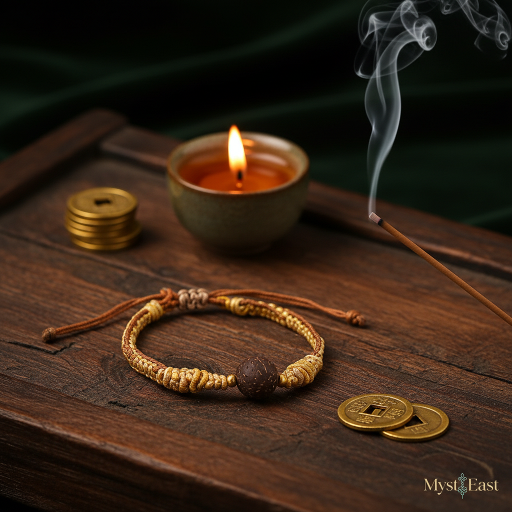 Auspicious cord bracelet lifestyle with incense and gold coins