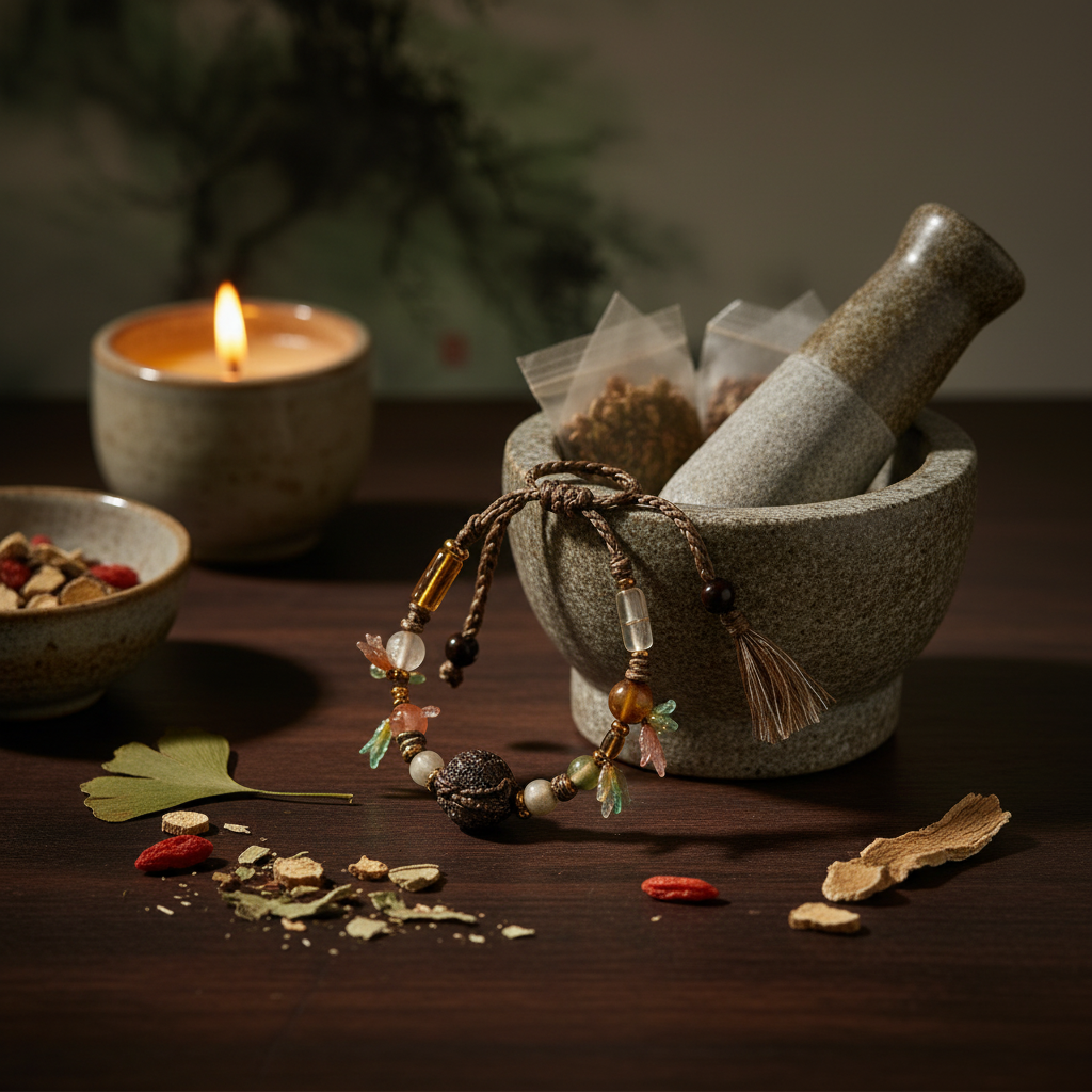 Chinese herbal medicine bracelet lifestyle with mortar pestle and herbs