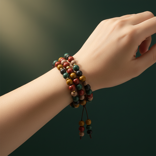 Five elements rainbow incense bead bracelet worn on wrist lifestyle photo