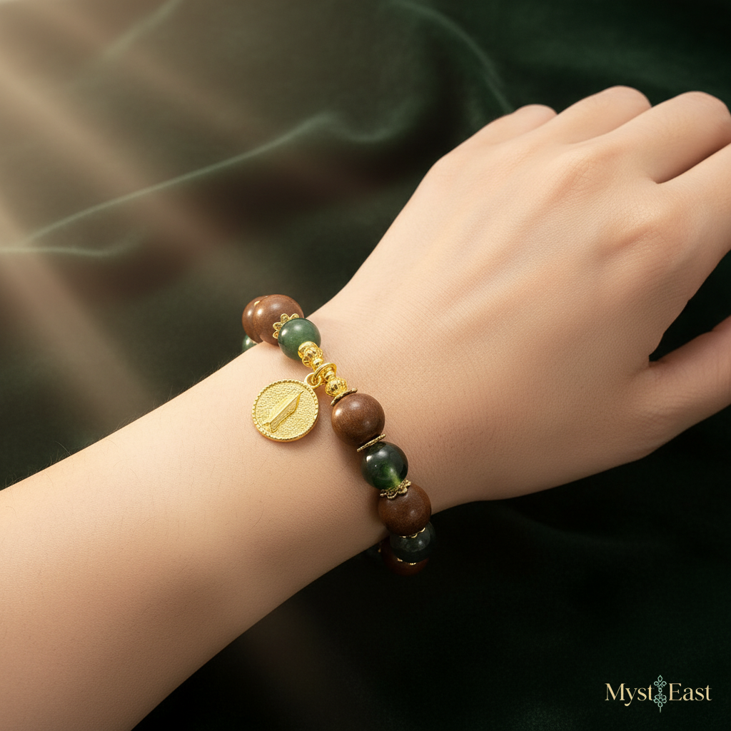 Emerald gold fortune bracelet single strand wrist wearing photo