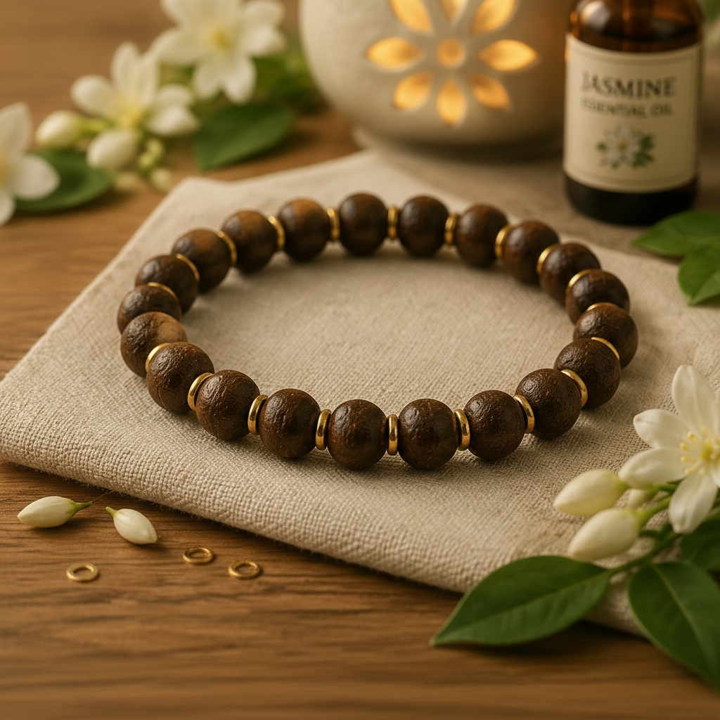 Jasmine incense bead bracelet hero product shot with jasmine flowers