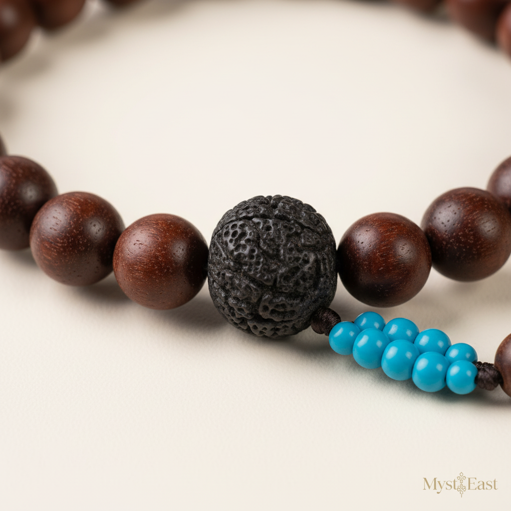 Phoenix incense bead bracelet close-up detail wood grain and carved pendant