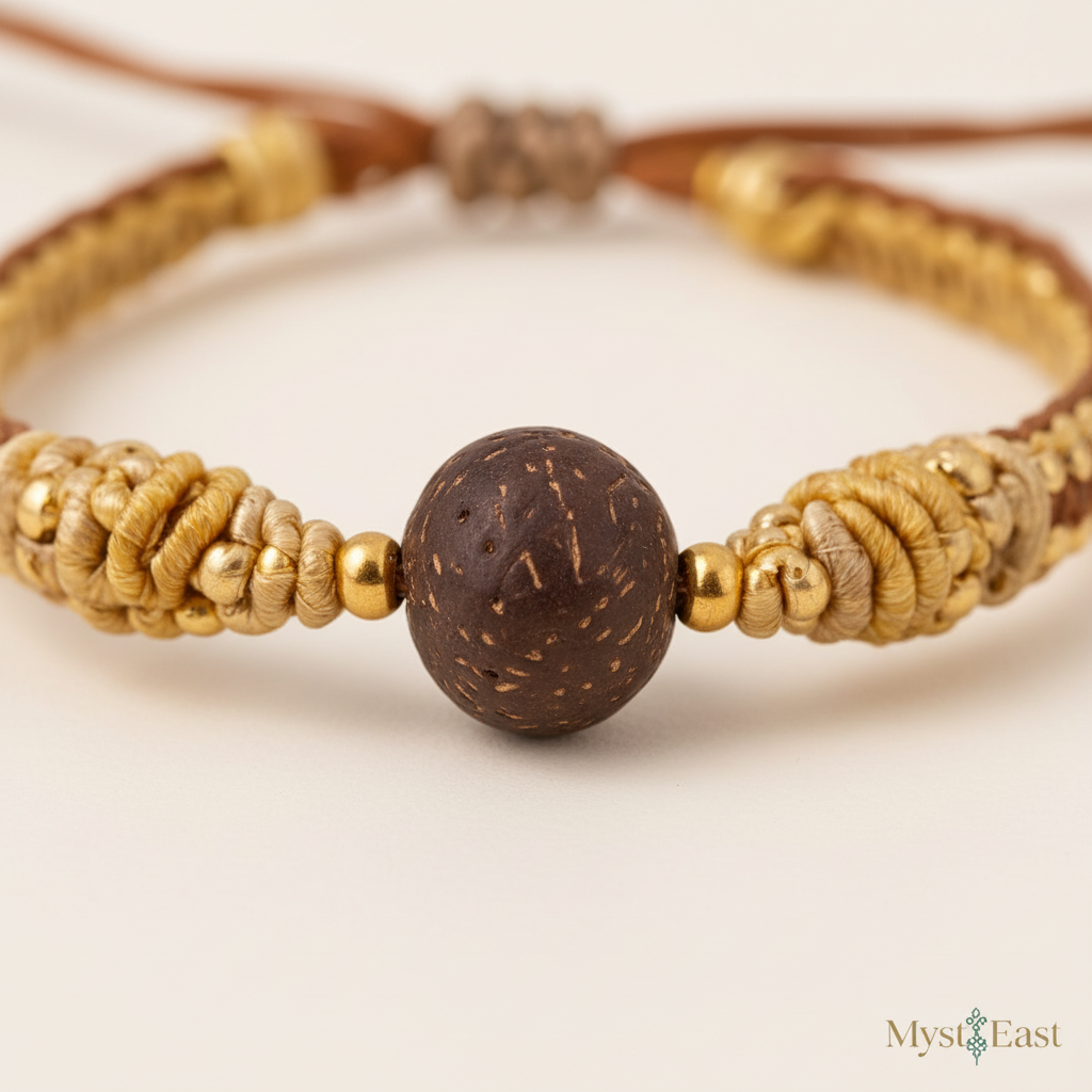 Auspicious cord bracelet close-up gold knot and bodhi bead detail