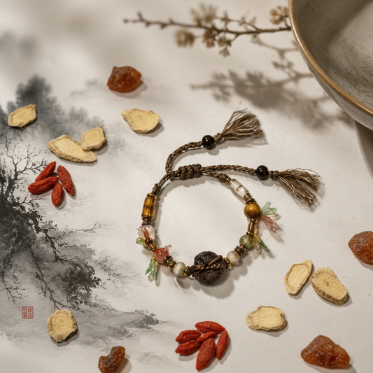Chinese herbal medicine bracelet hero product shot linen background
