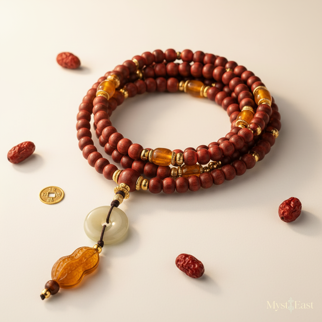 Golden peanut incense bead bracelet warm white background main product photo