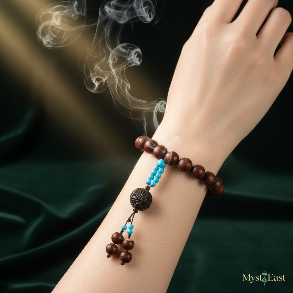 Phoenix incense bead bracelet wrist wearing photo dark green background