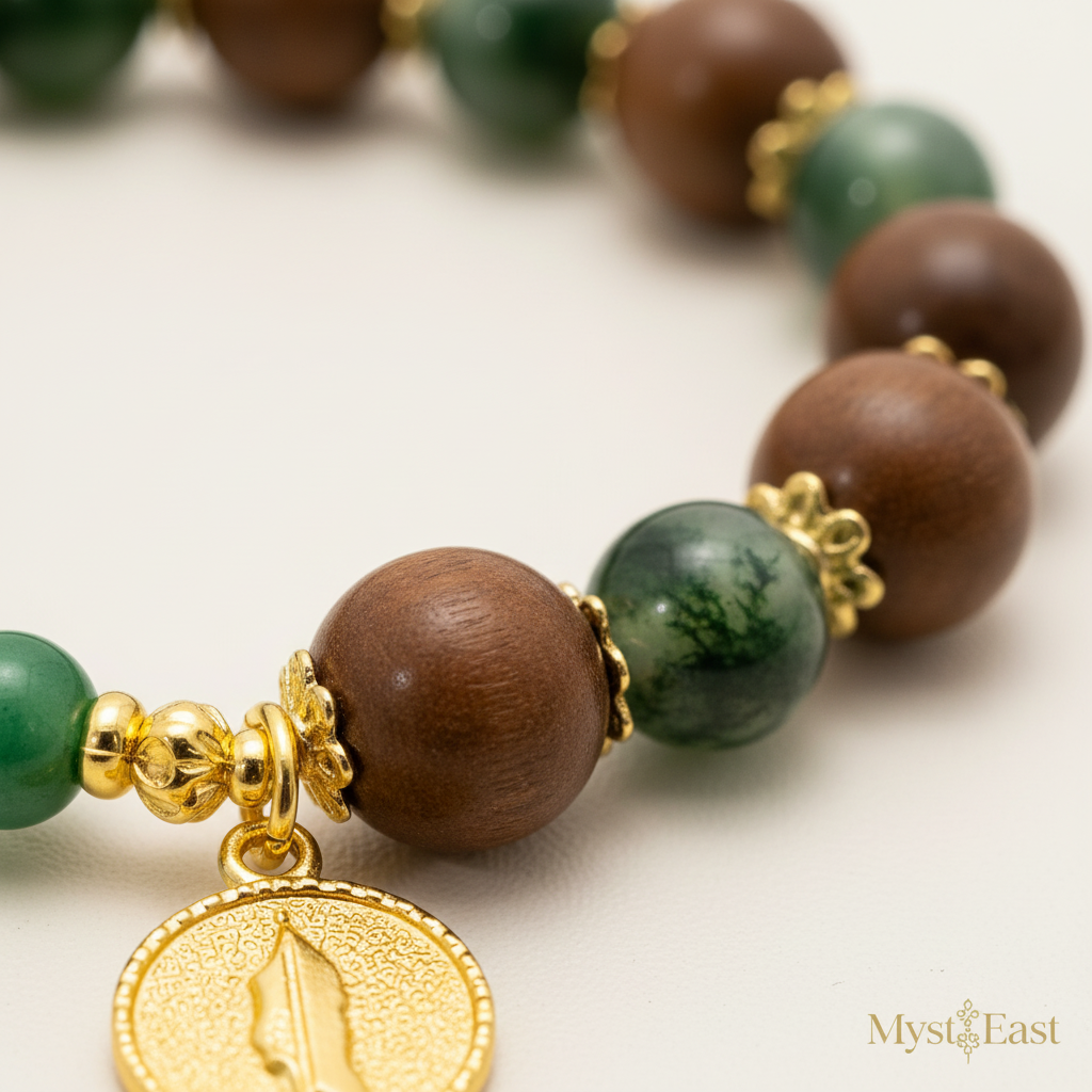 Emerald gold fortune bracelet close-up bead texture and gold spacer detail