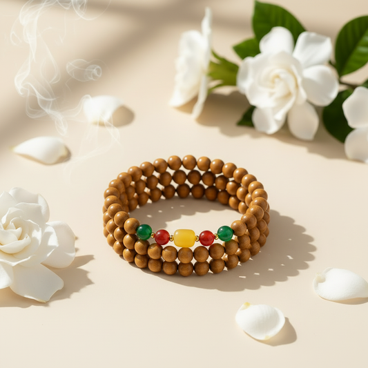 Gardenia incense bead bracelet warm white background with fresh gardenia flowers and petals