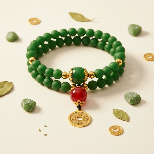 Fortune blessing green bracelet warm white background main product photo