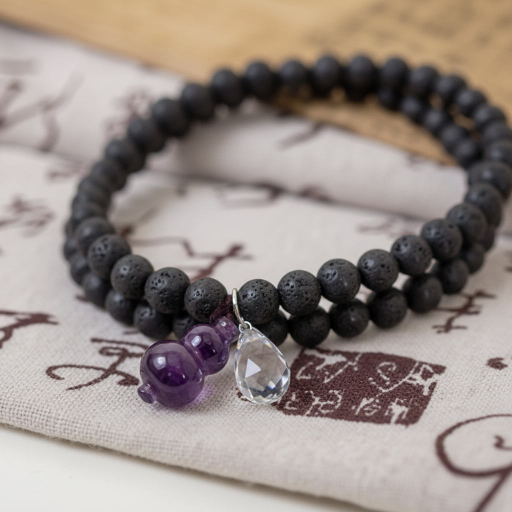 Purple gourd and crystal pendant detail close-up