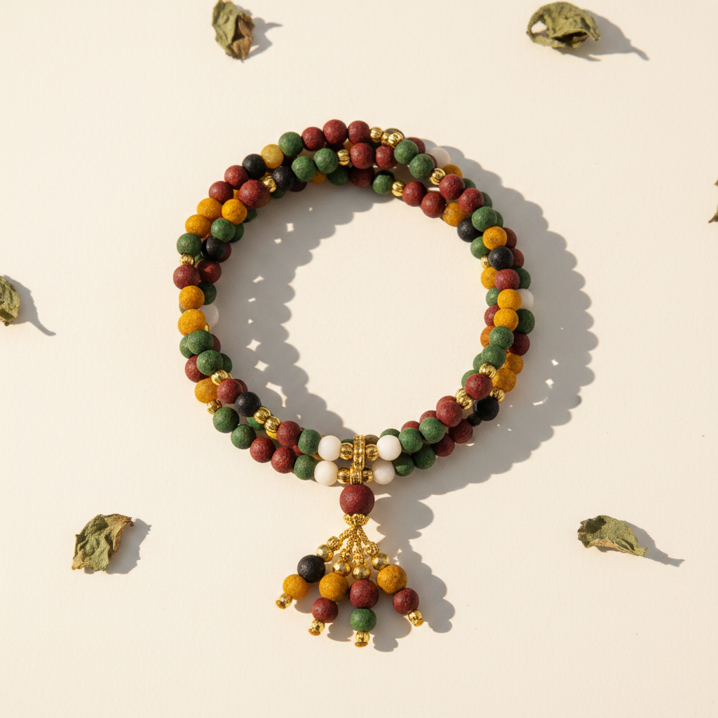 Five elements rainbow incense bead triple-wrap bracelet warm white background with pendant beads