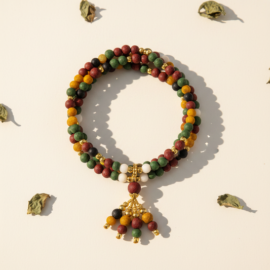 Five elements rainbow incense bead triple-wrap bracelet warm white background with pendant beads