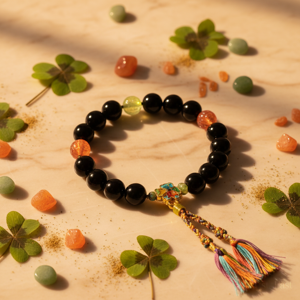 Four-leaf clover incense bead bracelet hero product shot marble background