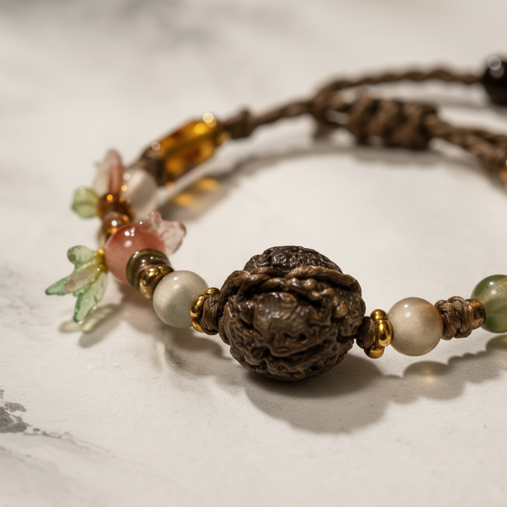 Chinese herbal medicine bracelet close-up amber and tiger eye bead detail