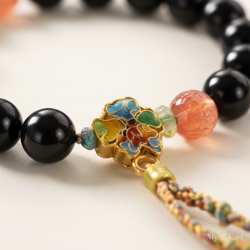 Four-leaf clover incense bead bracelet close-up cloisonne pendant detail