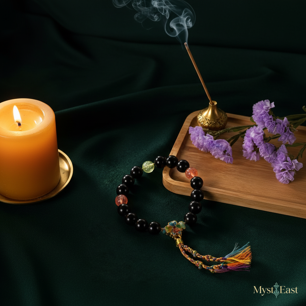 Four-leaf clover incense bead bracelet lifestyle with wooden tray and incense