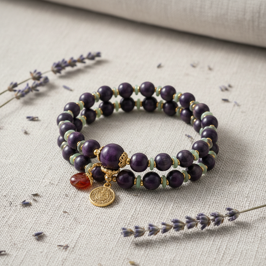 Fortune & Blessing Purple Bracelet - flat lay on linen with lavender
