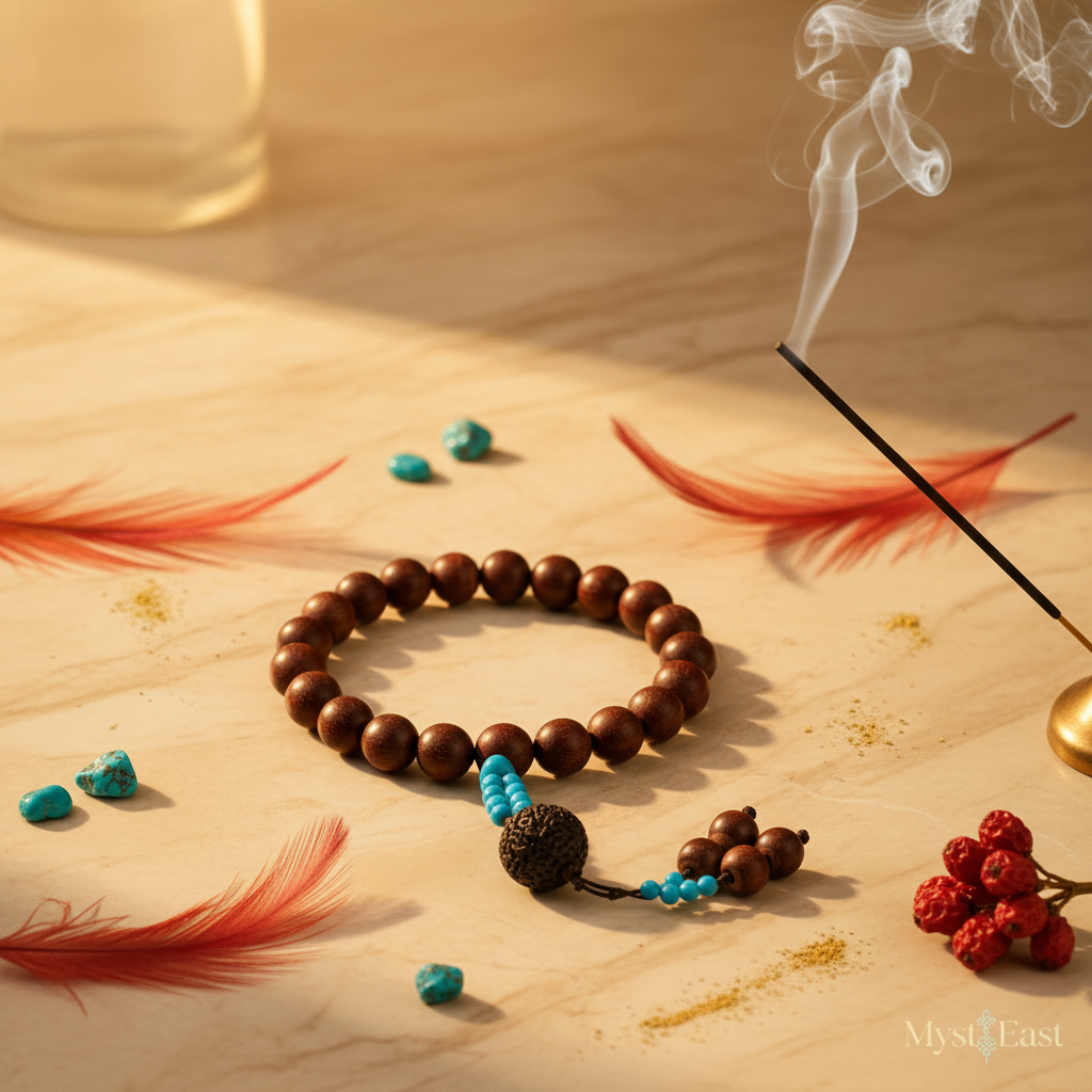 Phoenix incense bead bracelet hero product shot with phoenix feathers and turquoise gems
