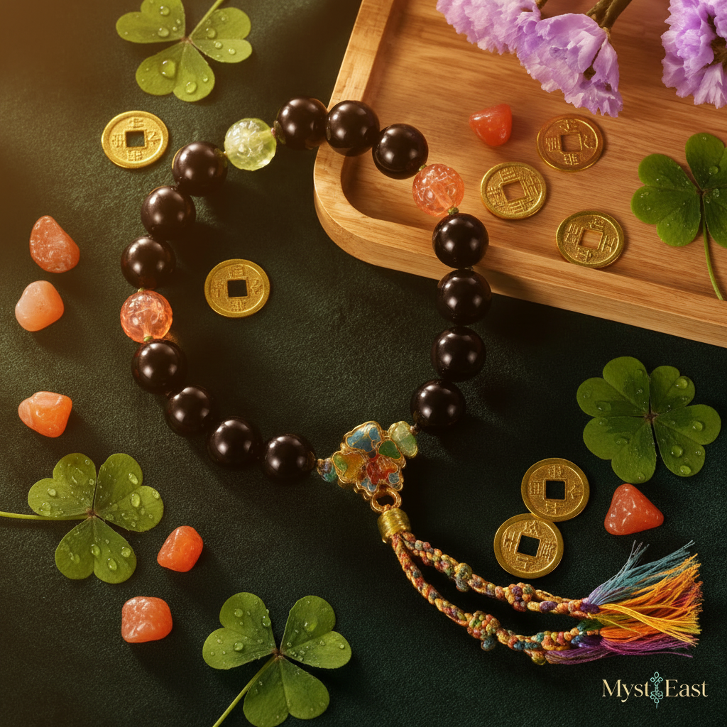 Four-leaf clover incense bead bracelet flat lay with clovers and gold coins