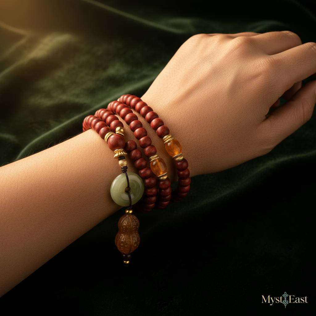 Golden peanut incense bead bracelet worn on wrist lifestyle photo