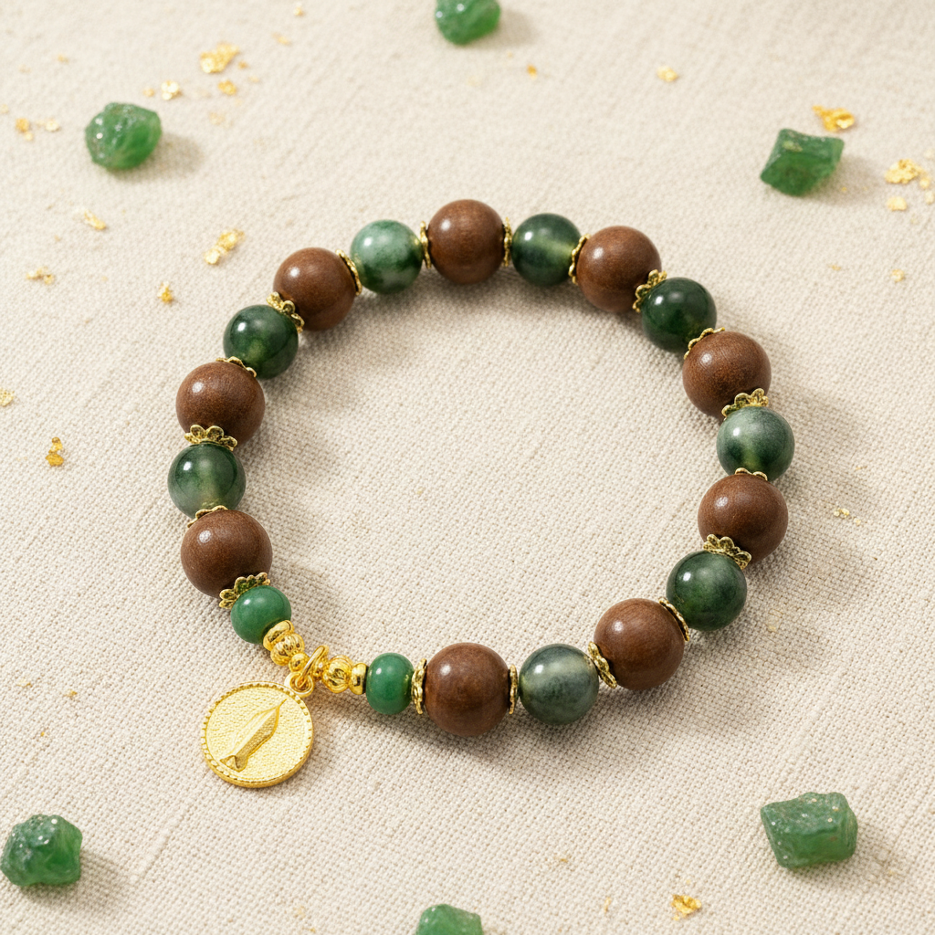 Emerald gold fortune incense bead bracelet hero product shot linen background