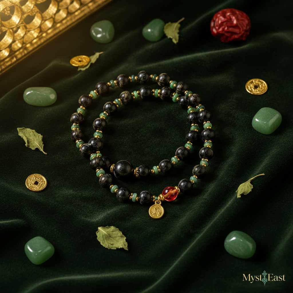 Fortune blessing green bracelet dark green silk flat lay with jade stones and gold coins