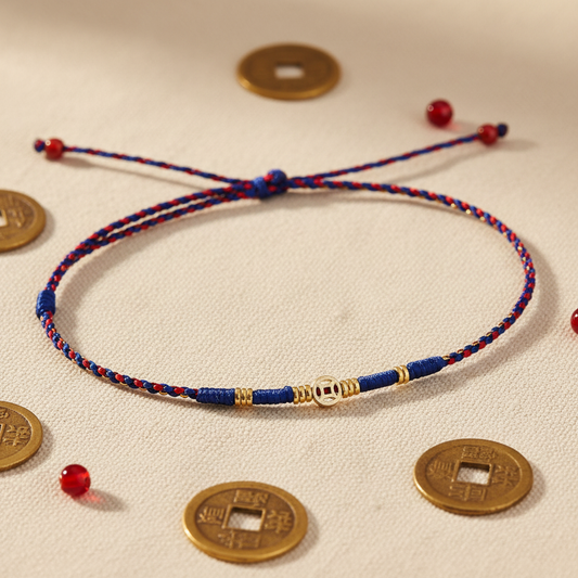 Fortune step anklet hero product shot linen background with gold coins