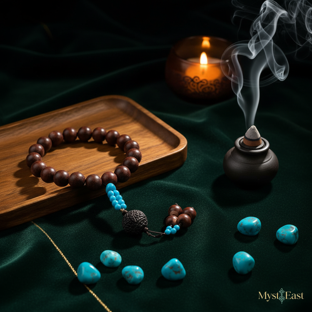 Phoenix incense bead bracelet lifestyle with incense burner and wooden tray