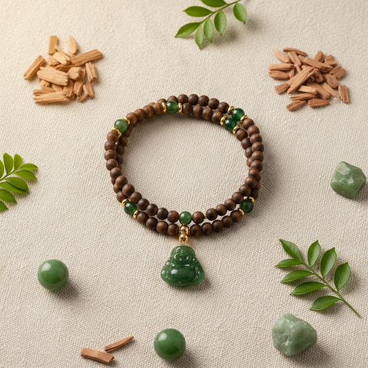 Sandalwood Buddha bracelet flat lay with herbs