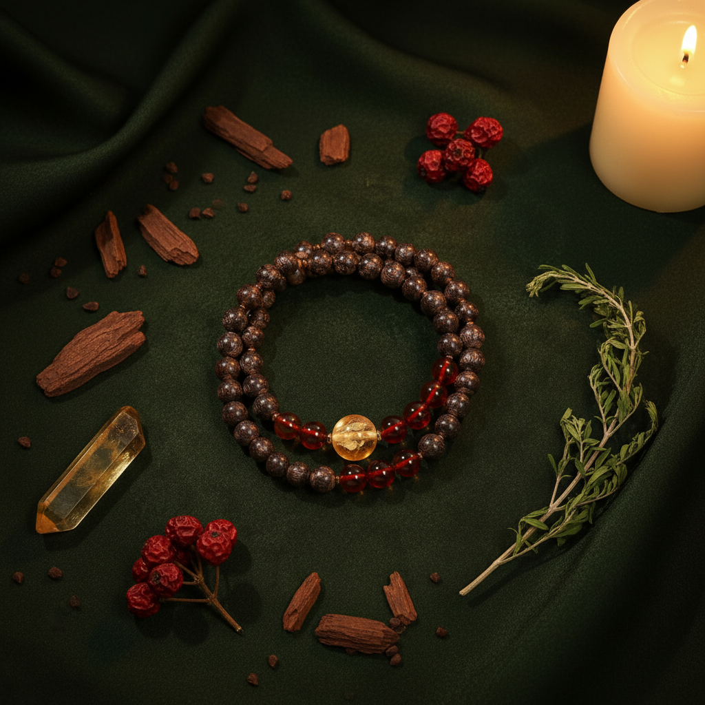 Guardian spirit bracelet dark green silk flat lay with golden crystal