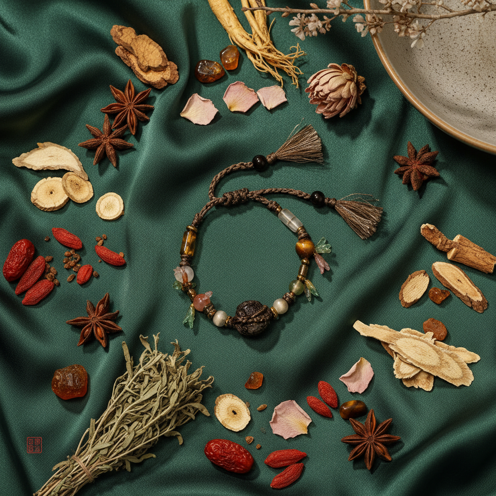 Chinese herbal medicine bracelet flat lay with dried herbs and amber